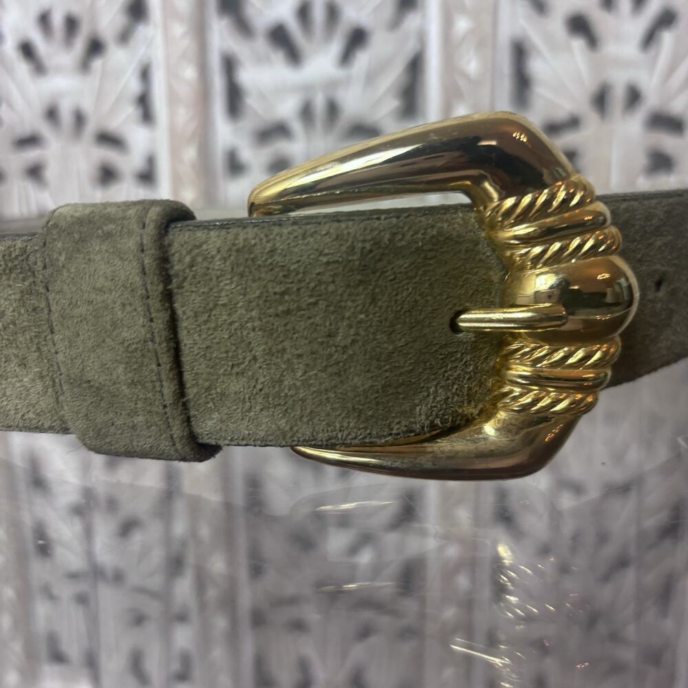 VTG Leather Belt Olive Green Suede Size S with Prominent Seashell Gold Buckle